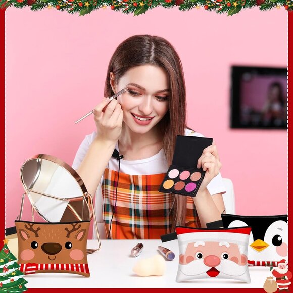 Christmas Canvas Cosmetic Bag with Zipper Portable, Small Makeup Bags Set Cute S - Picture 5 of 7